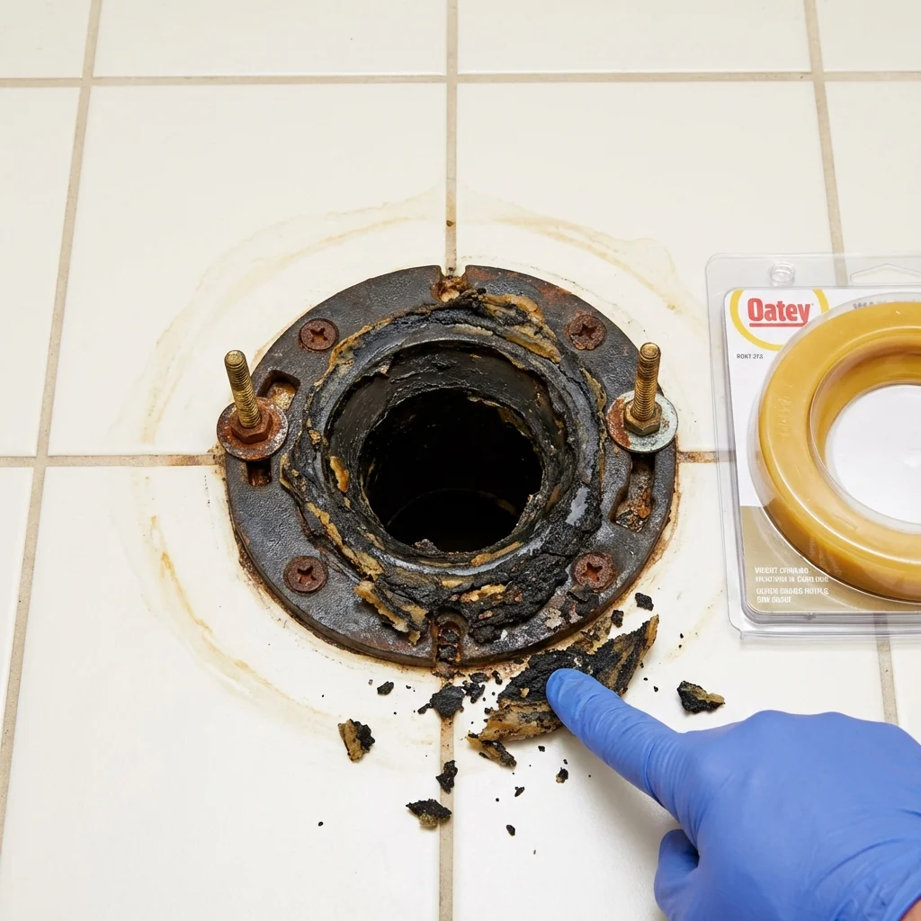Failed wax ring showing water seepage at the base of a toilet in a Fonda, NY home