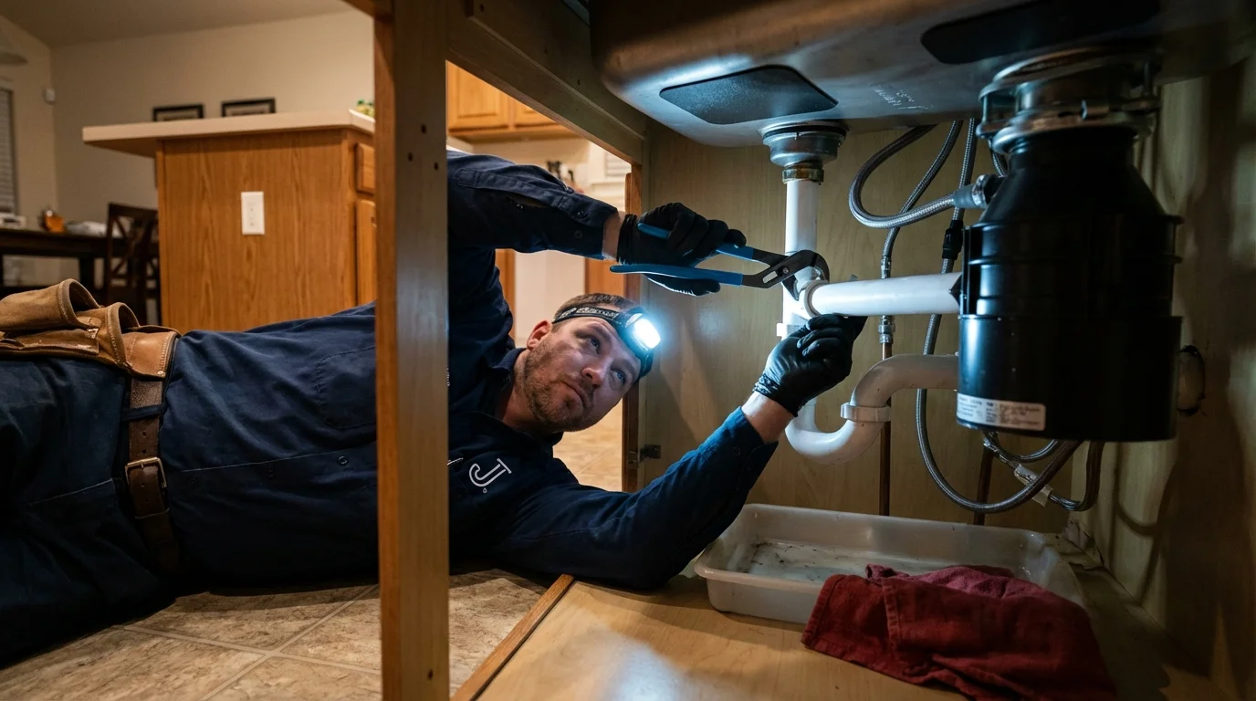 P-trap and supply line connections under a kitchen sink showing a common leak point in Fonda, NY